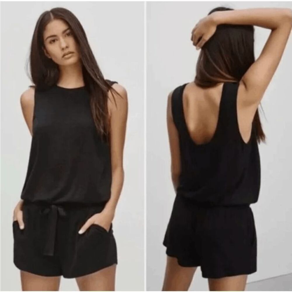 Wilfred Free Black Izabel Jersey Knit Sleeveless Short Romper Pockets Size Small